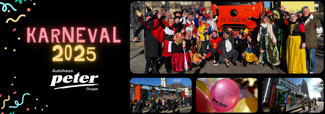 Collage zum Karneval 2025 mit buntem Schriftzug �Karneval 2025 Autohaus Peter Gruppe�, Gruppenfoto von verkleideten Teilnehmern vor einem orangefarbenen LKW, Bildern von Umzugswagen, bunten Luftballons und feiernden Menschen.
