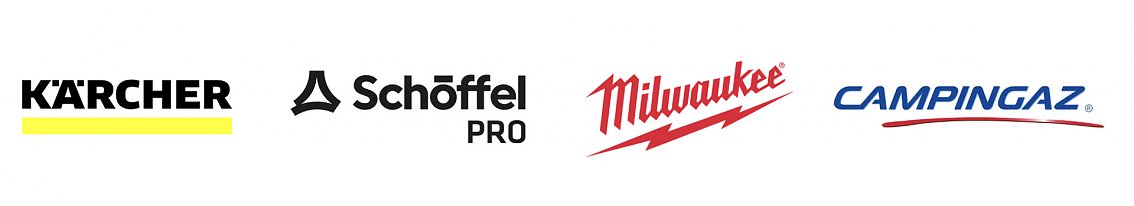 Logos von K&auml;rcher, Sch&ouml;ffel PRO, Milwaukee und Campingaz