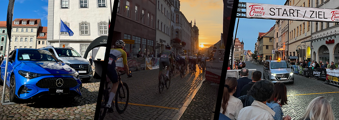 Zu sehen sind einige Eindr&uuml;cke vom Radrennen in Wittenberg � darunter ein Bild vom Autohaus-Peter-Stand, eine Aufnahme des Rennens in den Sonnenuntergang sowie ein Foto des F&uuml;hrungsfahrzeugs an der Start- und Ziellinie.