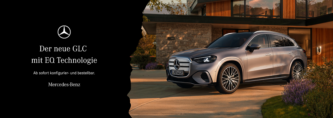 Der neue Mercedes-Benz GLC 400 4MATIC mit EQ Technologie. Energieverbrauch kombiniert: 14,9-18,8 kWh/100 km | CO2-Emissionen kombiniert: 0 g/km | CO2-Klasse: A [1] Exterieur: AMG Line; lavender silver [1] Die Angaben sind vorl&auml;ufig. Es liegen bislang weder best&auml;tigte Werte von einer amtlich anerkannten Pr&uuml;forganisation noch eine EG-Typgenehmigung noch eine Konformit&auml;tsbescheinigung mit amtlichen Werten vor. Abweichungen zwischen den Angaben und den amtlichen Werten sind m&ouml;glich.