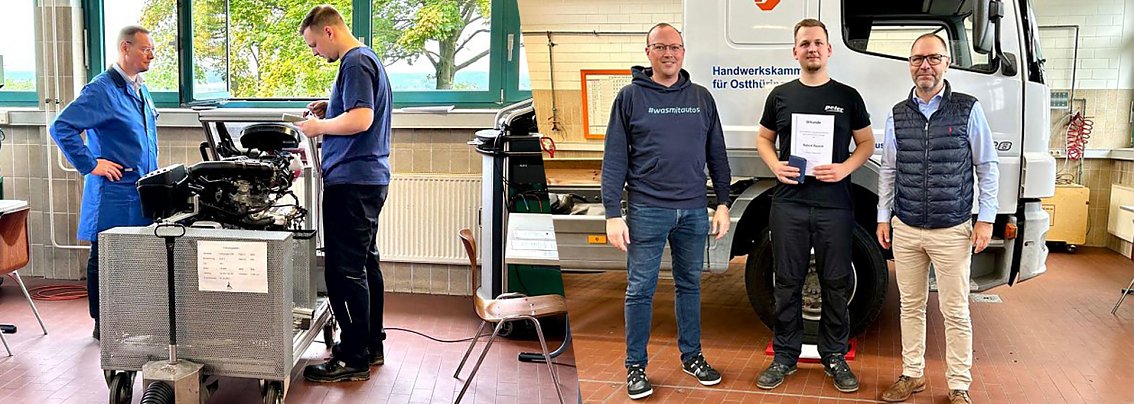 Collage von Peter-Azubi Robert Rausch beim Landesleistungswettbewerb der besten Kfz-Mechatroniker-Gesellen