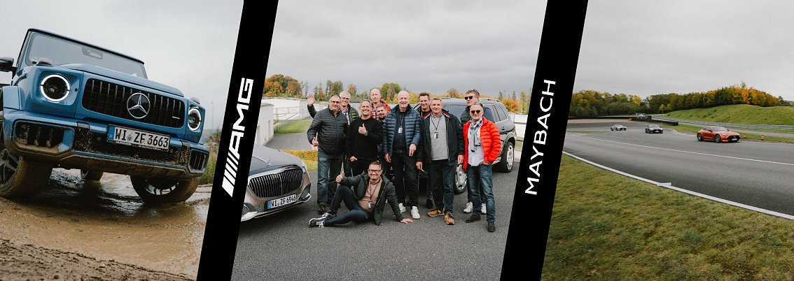 Ein zusammengesetztes Bild zeigt drei Szenen der Mercedes-Benz Driving Experience am Bilster Berg: links ein blauer Mercedes-Benz G-Klasse im Gelände mit matschigen Reifen, in der Mitte eine Gruppe von Teilnehmern, die vor zwei Fahrzeugen lächelt, und rechts mehrere Sportwagen auf der Rennstrecke. Zwischen den Bildern sind schwarze Streifen mit den Schriftzügen 'AMG' und 'Maybach' zu sehen