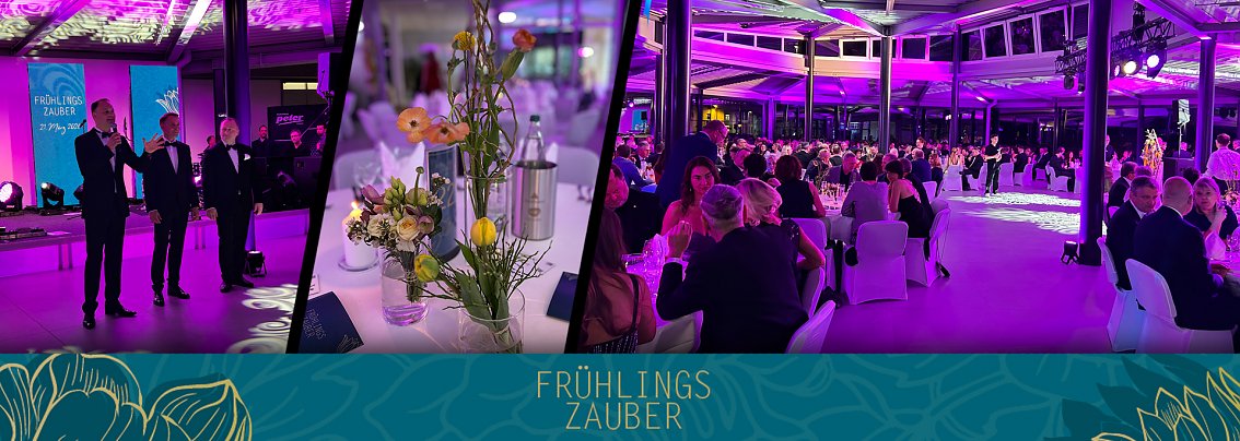 Collage von mehreren Bildern des Fr&uuml;hlingsballs (Rede, festlich gedeckte Tische, Tischdeko mit Blumen))