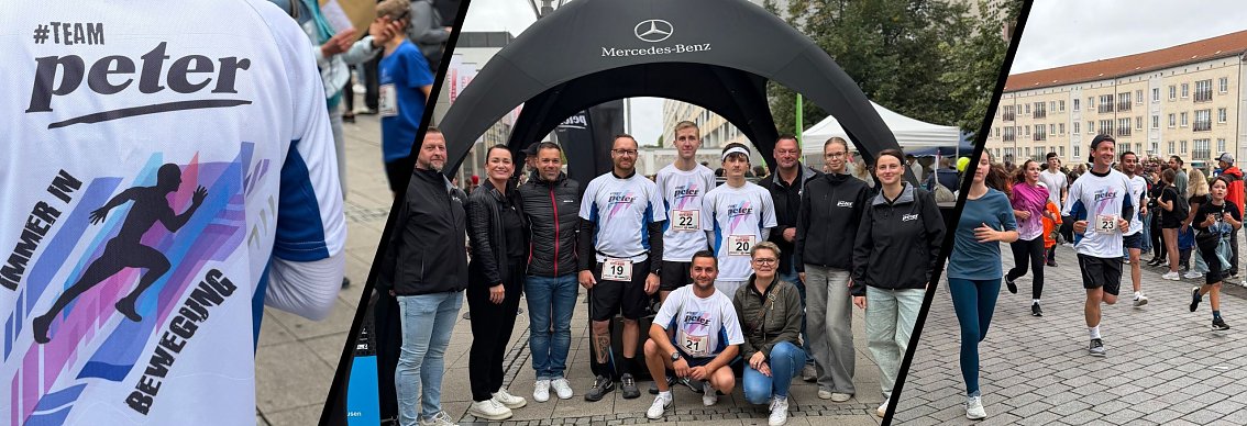 Man sieht eine Collage aus Impressionen des CityRUNs Dessau: Das Team-Shirt von hinten, das Peter-Team und L&auml;ufer auf der Strecke.