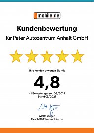 Urkunde mobile.de für die Peter Autozentrum Anhalt GmbH