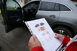 Das Rettungsdatenblatt, auch Rettungskarte genannt, zeigt alle Bauteile, von denen eine Gefahr ausgehen könnte.