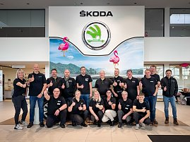 Gruppenfoto von 17 Mitarbeitenden im �koda Autohaus. Alle tragen schwarze Shirts mit Firmenlogo und zeigen den Daumen nach oben. Im Hintergrund das gro&szlig;e �koda-Logo mit Flamingo-Dekoration.