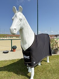 Weiße Pferdeskulptur auf dem Turnierplatz in Immenrode, bekleidet mit einer schwarzen Abschwitzdecke mit Autohaus-Peter-Logo. Im Hintergrund sind Sandplatz, Springhindernisse und blauer Himmel sichtbar.