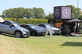 Drei Mercedes-Benz Fahrzeuge stehen auf einer gr&uuml;nen Wiese neben einem schwarzen Mercedes-Benz Cube. Vor dem Container befinden sich ein Sonnenschirm und ein kleiner Tisch mit St&uuml;hlen. Im Hintergrund sind B&auml;ume und blauer Himmel zu sehen.