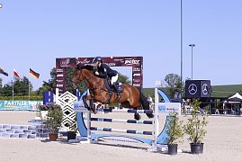 Ein Reiter springt mit einem braunen Pferd &uuml;ber ein blau-wei&szlig;es Hindernis auf dem Sandplatz beim Reitturnier in Immenrode. Hinter dem Sprung sind der Begr&uuml;&szlig;ungsbogen, Sponsorenbanner und wehende L&auml;nderflaggen zu sehen.