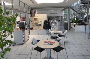 Heller, moderner Warte- und Servicebereich des Autohauses. Im Vordergrund runde Tische mit Stühlen, Zeitschriften darauf. Im Hintergrund eine Verkaufsfläche mit ausgestellten Jacken und Zubehör, eine Treppe führt ins obere Stockwerk. Viel Glas und Licht, Pflanzen sorgen für eine freundliche Atmosphäre.