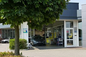 Autohaus-Einfahrt mit einem grauen Opel-Fahrzeug, das unter einem &uuml;berdachten Bereich steht. &Uuml;ber dem Eingang befinden sich Schilder, unter anderem von DEKRA. Vor dem Geb&auml;ude stehen ein Baum mit dichten gr&uuml;nen Bl&auml;ttern und kleinere B&uuml;sche. Durch gro&szlig;e Glasfronten ist der Innenraum mit Postern sichtbar.