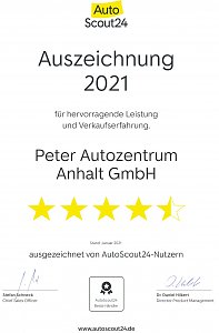 Urkunde Autoscout24 f&uuml;r die Peter Autozentrum Anhalt GmbH