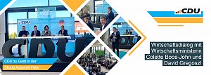 Grafik zum Wirtschaftsfr&uuml;hst&uuml;ck in der �koda Autowelt Peter � Eine CDU-Veranstaltung mit Th&uuml;ringens Wirtschaftsministerin Colette Boos-John und weiteren G&auml;sten, darunter David Gregosz. Die Bilder der Collage zeigen Podiumsdiskussionen, zahlreiche Teilnehmer aus Wirtschaft und Politik, sowie das CDU Logo.