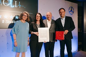 Die &Uuml;bergabe der Customer Loyalty Index (CLI) Ehrung mit den Gesch&auml;ftsf&uuml;hrern Christina Dost und Helmut Peter in der Mitte.