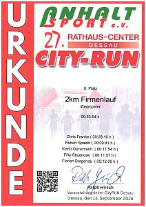 Auf dem Bild ein ein Scan der Urkunde vom Firmenlauf zu sehen.