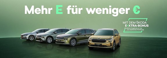 Jetzt doppelt profitieren: mit dem �koda E-XTRA-Bonus&sup1; zus&auml;tzlich zur staatlichen E-Auto-F&ouml;rderung&sup2;.