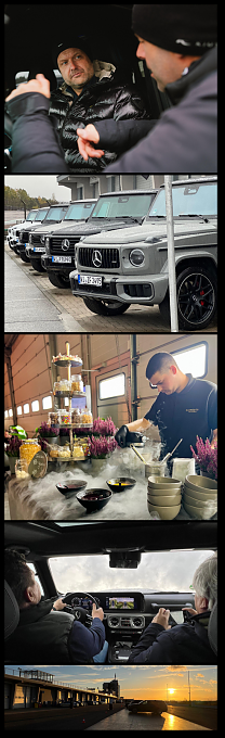 Impressionen vom Luxury Driving Event am Sachsenring. Ganz oben eine Aufnahme der Fahrzeugeinweisung, darunter die G-Klassen Modelle aufgereiht, ein Foto vom einzigartigen Catering, eine Aufnahme von der G-Klassen experience mit blick aus dem Cockpit in den Himmel und zu guter Letzt der Sachsenring im Sonnenuntergang. [Mercedes-Benz G 580 mit EQ Technologie | Energieverbrauch kombiniert: 30,3-27,7 kWh/100 km | CO2;-Emissionen kombiniert: 0 g/km | CO2;-Klasse: A] [Mercedes-AMG G 63 | Energieverbrauch kombiniert: 15,7-14,7 l/100 km | CO2;-Emissionen kombiniert: 358-335 g/km | CO2;-Klasse: G]