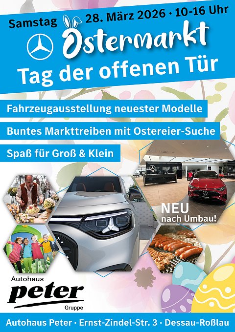 Werbung f&uuml;r unseren Ostermarkt & Tag der offenen T&uuml;r. Es sind verschiedene Bilder sichtbar wie z.B. W&uuml;rstchen auf einem Grill, Fr&uuml;hlingsdeko, der neue GLC, Ostereier, eine H&uuml;pfeburg etc.
