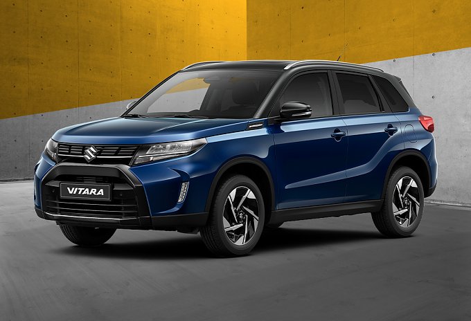 Suzuki Vitara in dunkelblau, Hintergrund grau-gelb