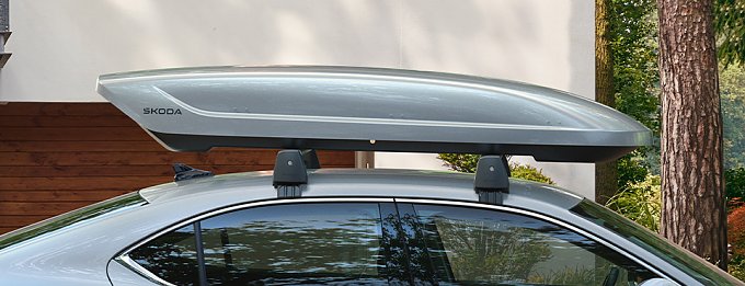 Silberne Dachbox auf Fahrzeugdach vor Haus und B&auml;umen montiert.